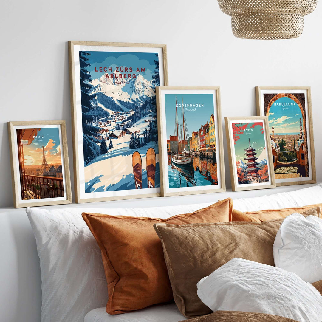 Stylish display of Lech Zürs am Arlberg ski art print among other city wall art in a cozy living room setting.