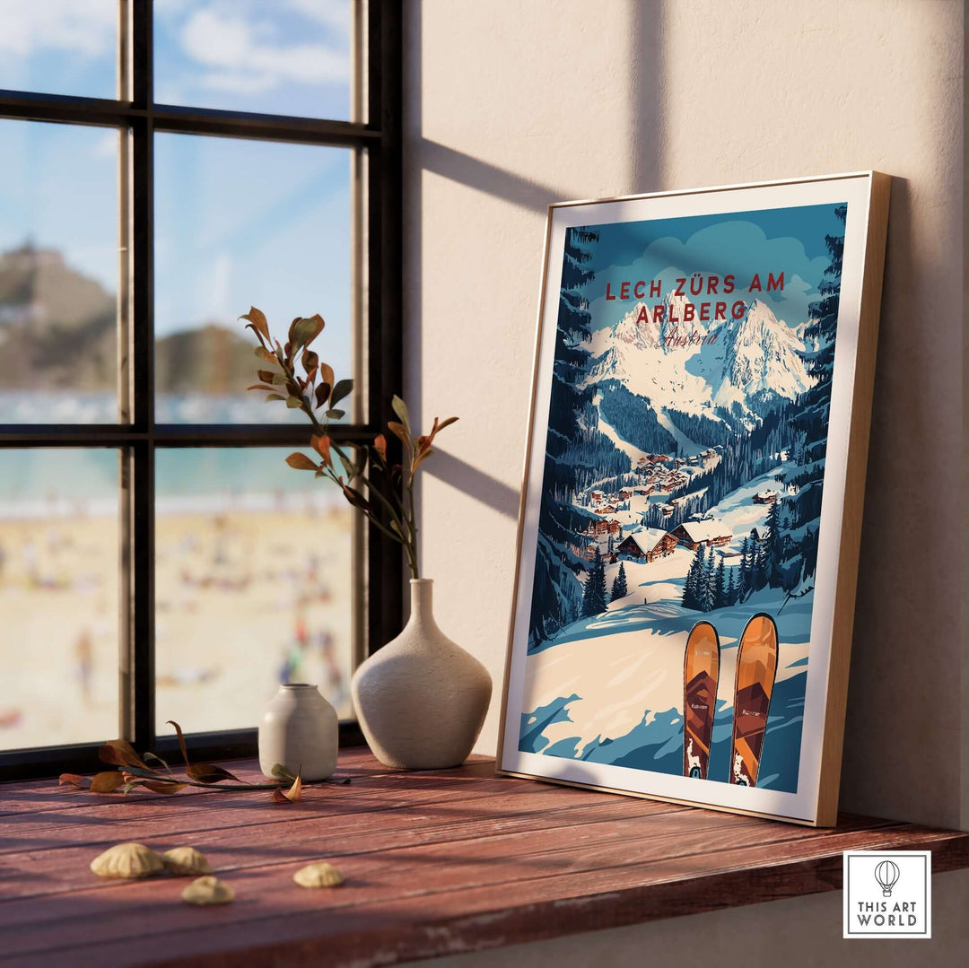 Lech Zürs am Arlberg ski wall art print displayed in a stylish interior with a scenic winter landscape.