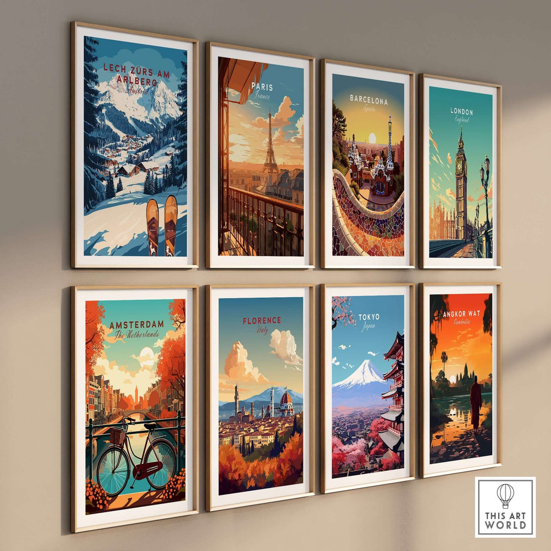 Lech Zürs am Arlberg Ski Wall Art Print among vibrant city-themed prints in a stylish gallery wall display.