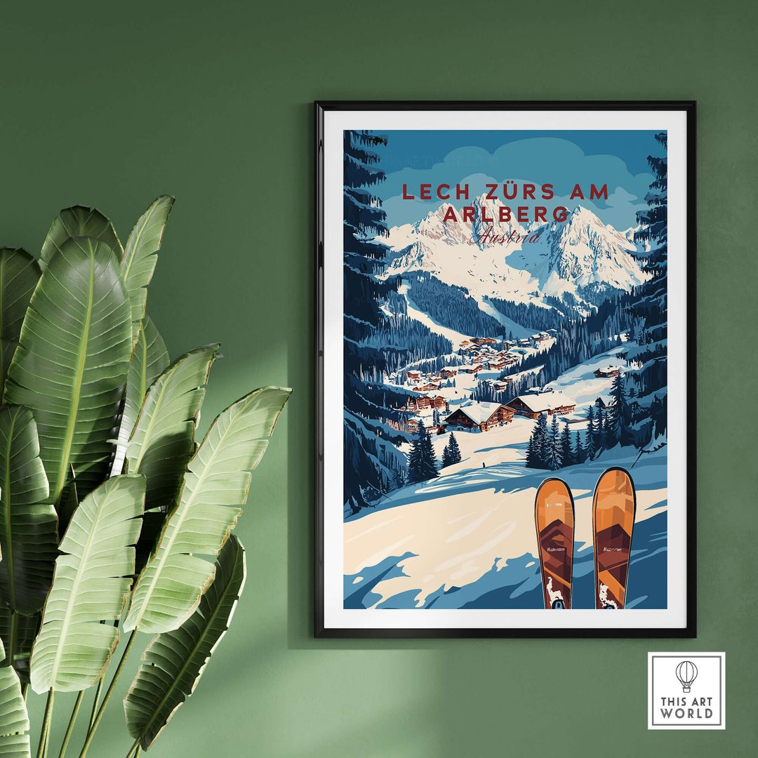 Lech Zürs am Arlberg ski wall art print featuring scenic snowy mountains and wooden skis, perfect for winter decor.