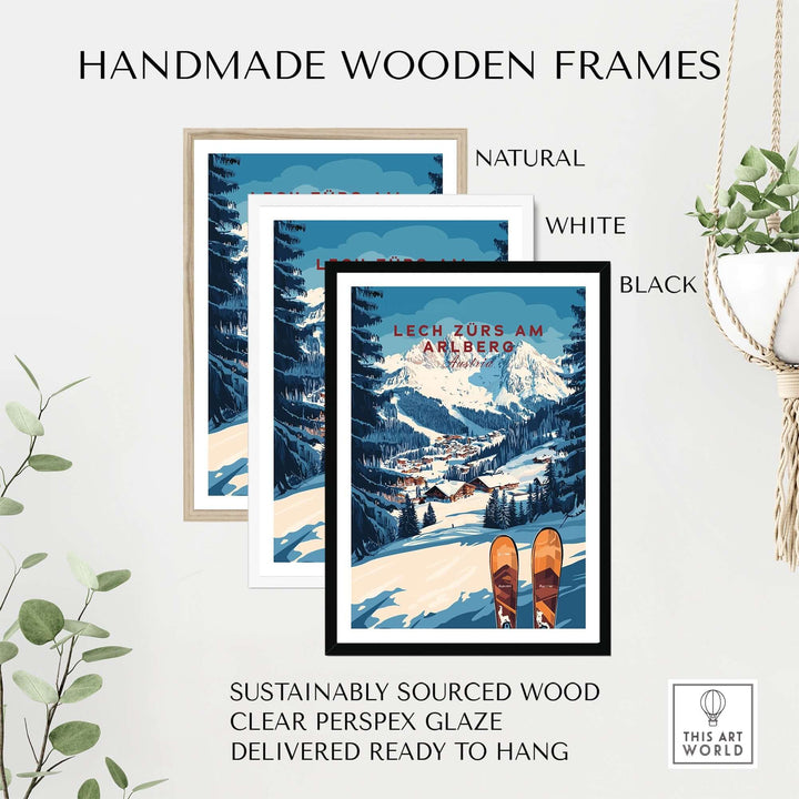 Handmade wooden frames for Lech Zürs am Arlberg ski print in natural, white, and black finishes, ready to hang.