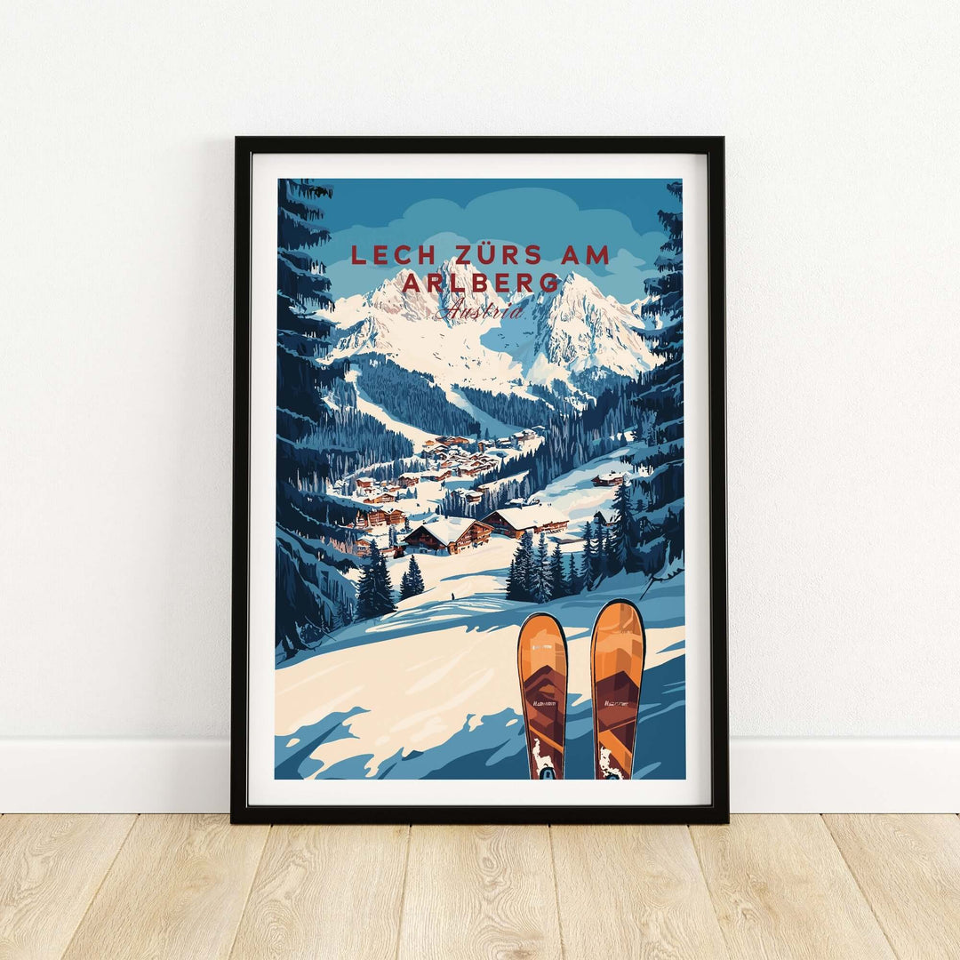 Lech Zürs am Arlberg ski wall art print featuring snowy mountains and ski equipment in elegant framing.