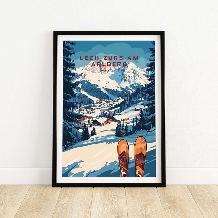 Lech Zürs am Arlberg ski wall art print featuring snowy mountains and ski equipment in elegant framing.