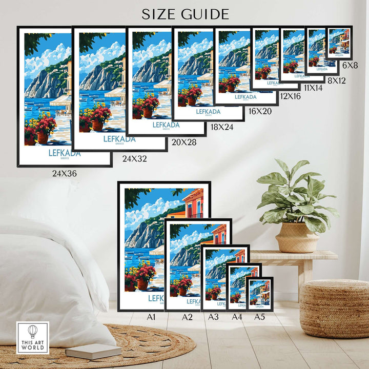 Lefkada Greece poster size guide showcasing various dimensions for stunning coastal artwork.