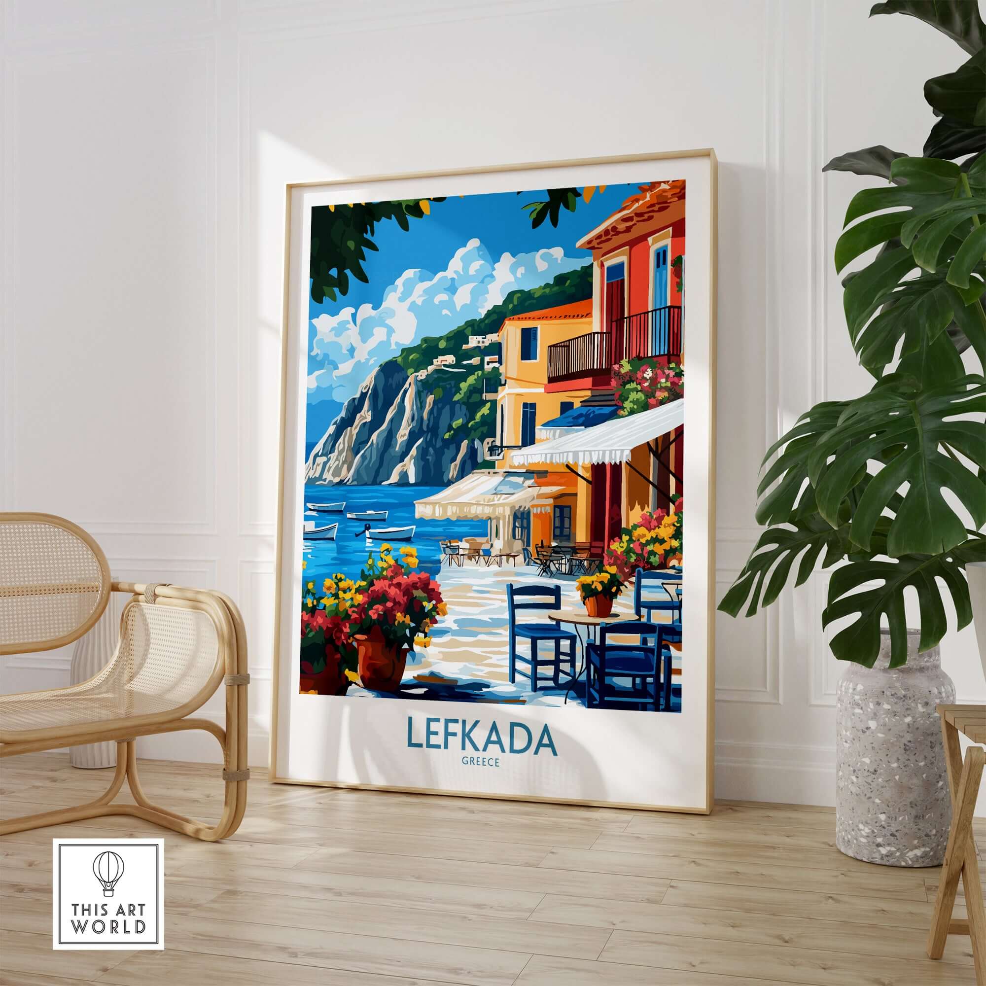 Lefkada Greece Poster showcasing the vibrant colors of Lefkada Town with beautiful coastal scenery.