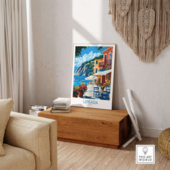 Lefkada Greece Poster showcasing a vibrant coastal scene with charming architecture and beautiful views of Lefkada.