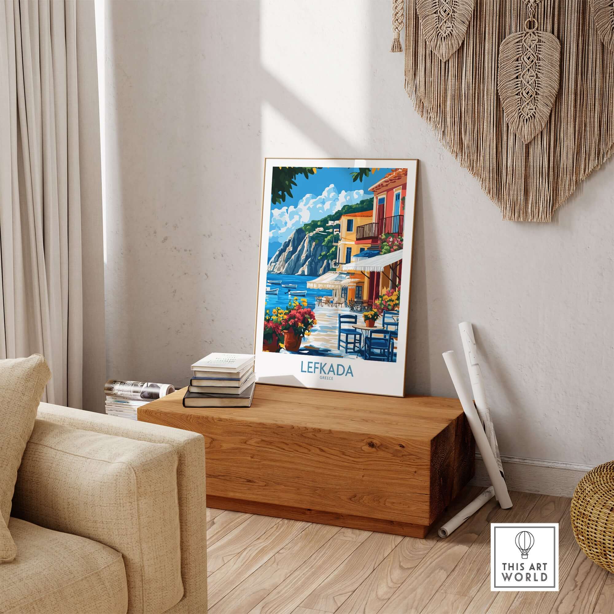 Lefkada Greece Poster showcasing a vibrant coastal scene with charming architecture and beautiful views of Lefkada.