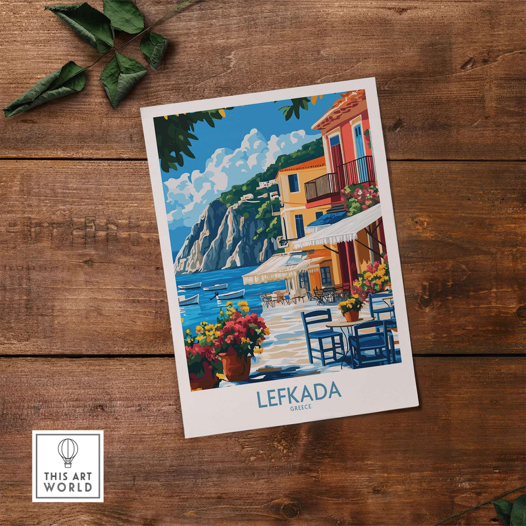 Lefkada Greece Poster showcasing colorful streets and stunning coastal views of Lefkada Island, ideal for home decoration.