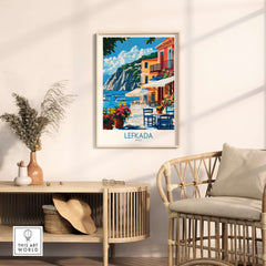 Lefkada Greece Poster showcasing vibrant town scenery and coastal views in a stylish interior setting.