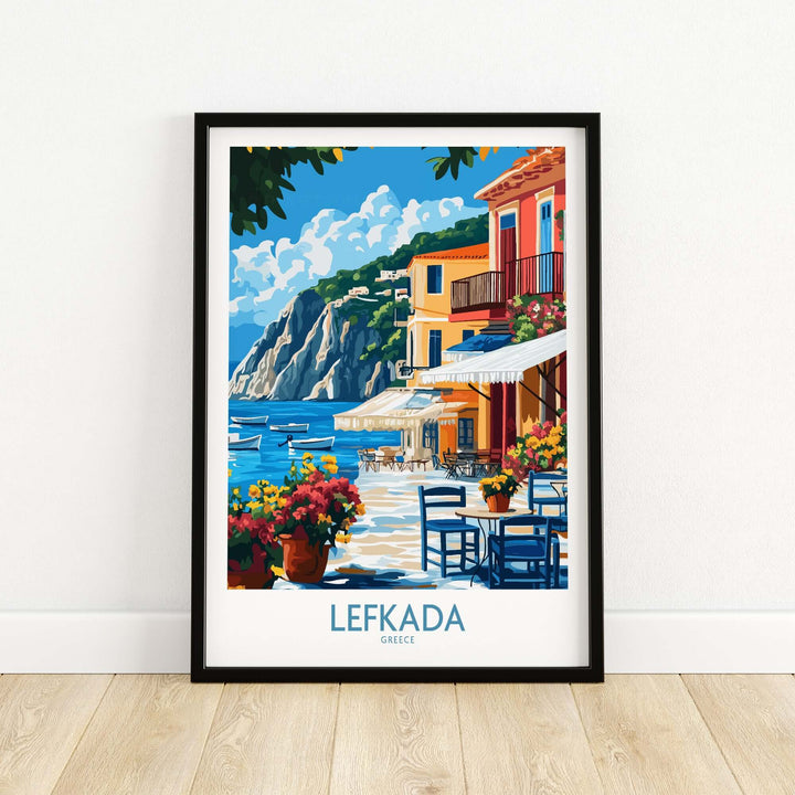 Colorful Lefkada Greece poster showcasing charming streets, vibrant flowers, and serene coastal views.