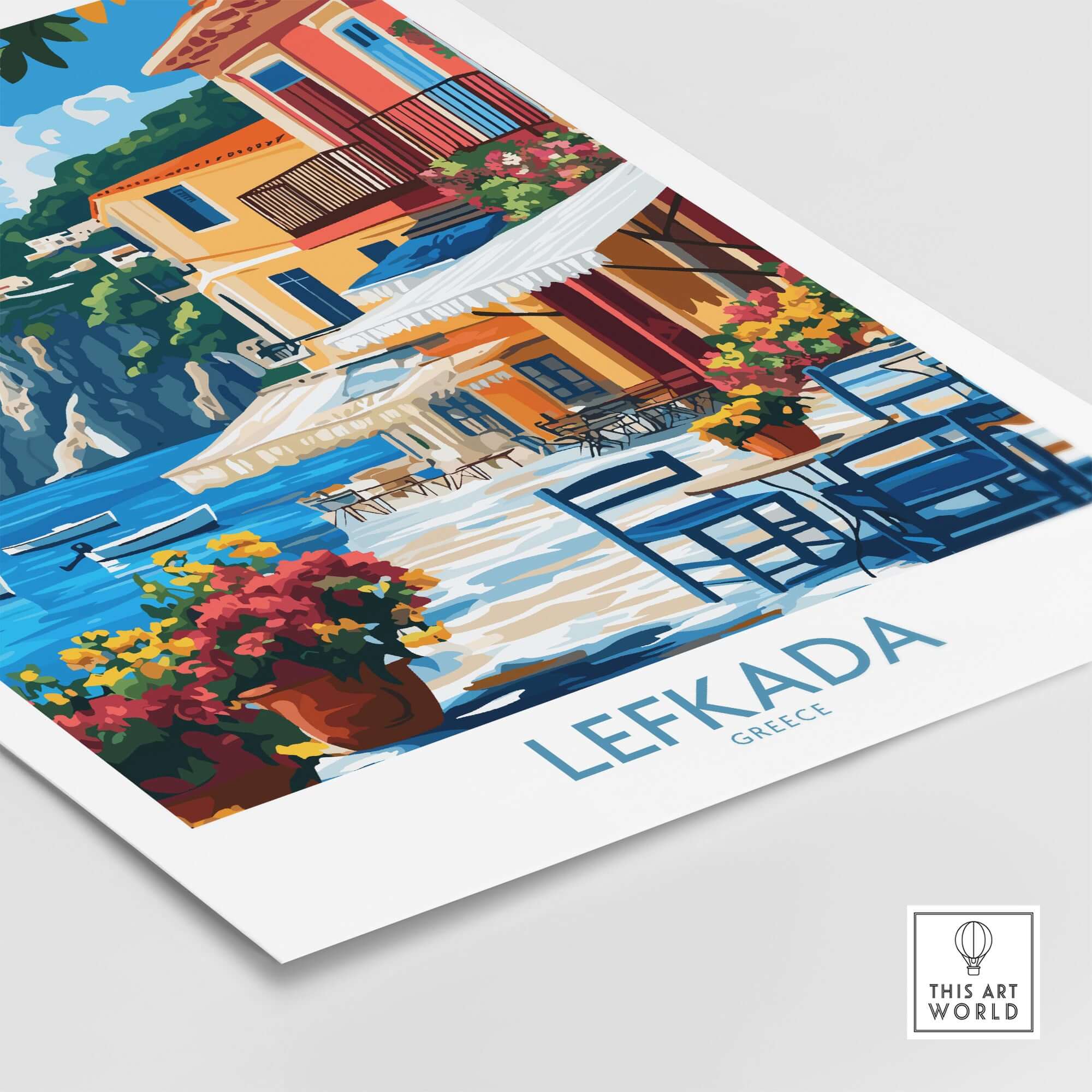 Lefkada Greece Poster featuring colorful buildings and picturesque waterfront dining in Lefkada, Greece.