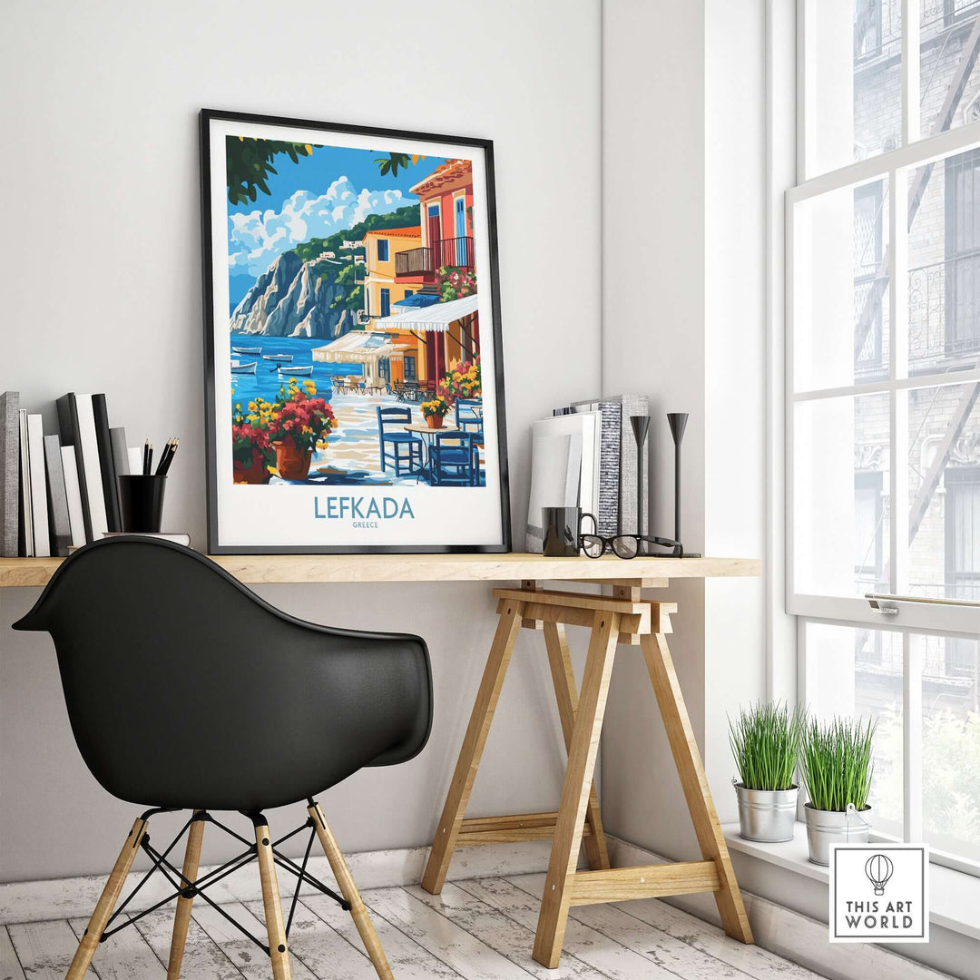 Lefkada Greece poster displayed in a modern home office, showcasing the island's stunning coastal views.