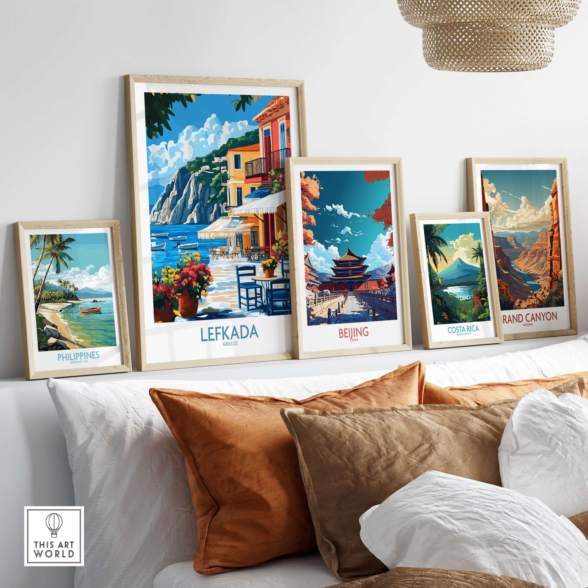 Lefkada Greece Poster displayed among other travel posters in a stylish living room setting.