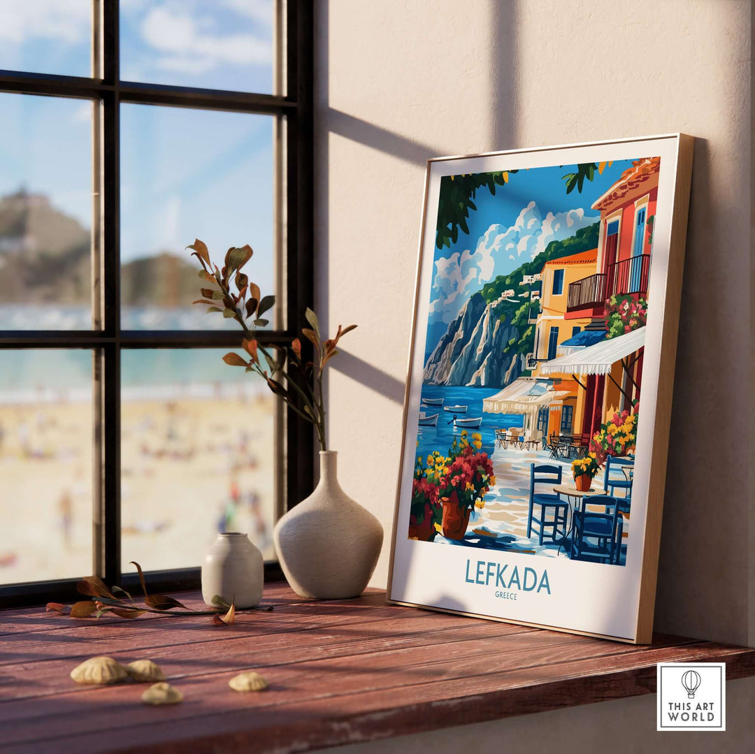 Lefkada Greece poster showcasing beautiful town views and vibrant colors, enhancing any home decor with Greek charm.