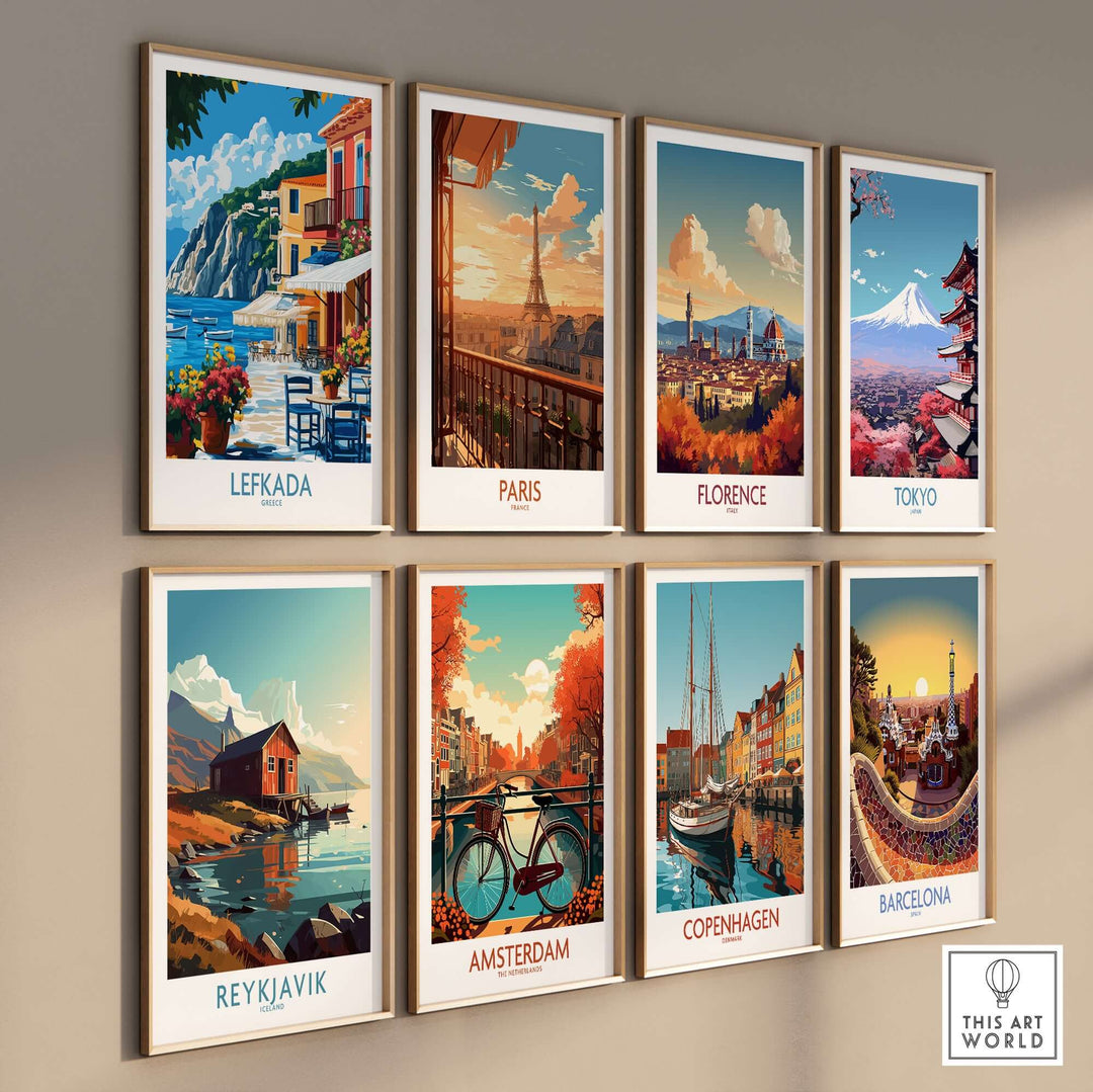 Artistic collection of travel posters featuring Lefkada, Paris, Florence, Tokyo, Reykjavik, Amsterdam, Copenhagen, and Barcelona.