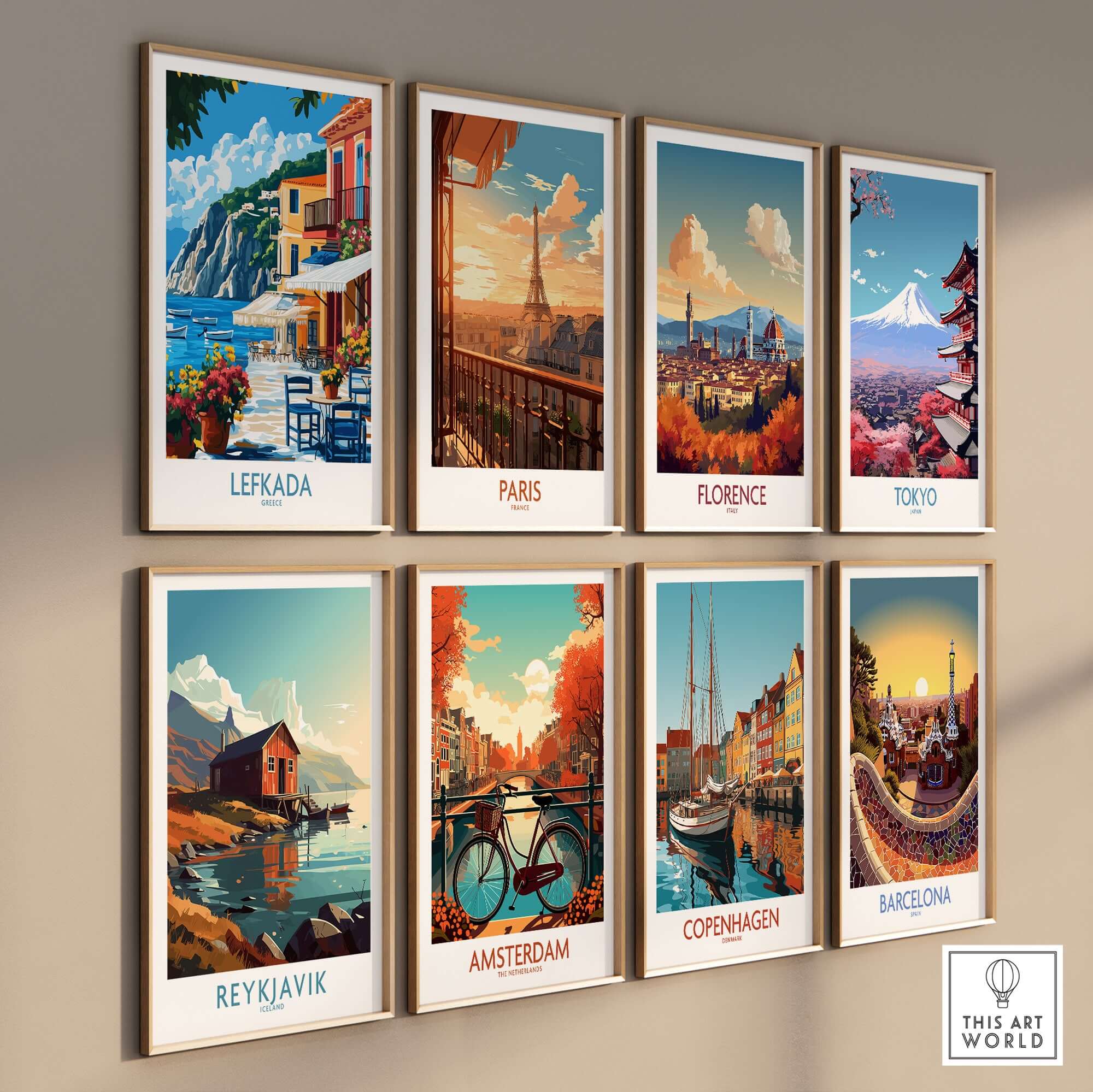 Lefkada Greece Poster among a collection of travel-themed art prints on a wall.