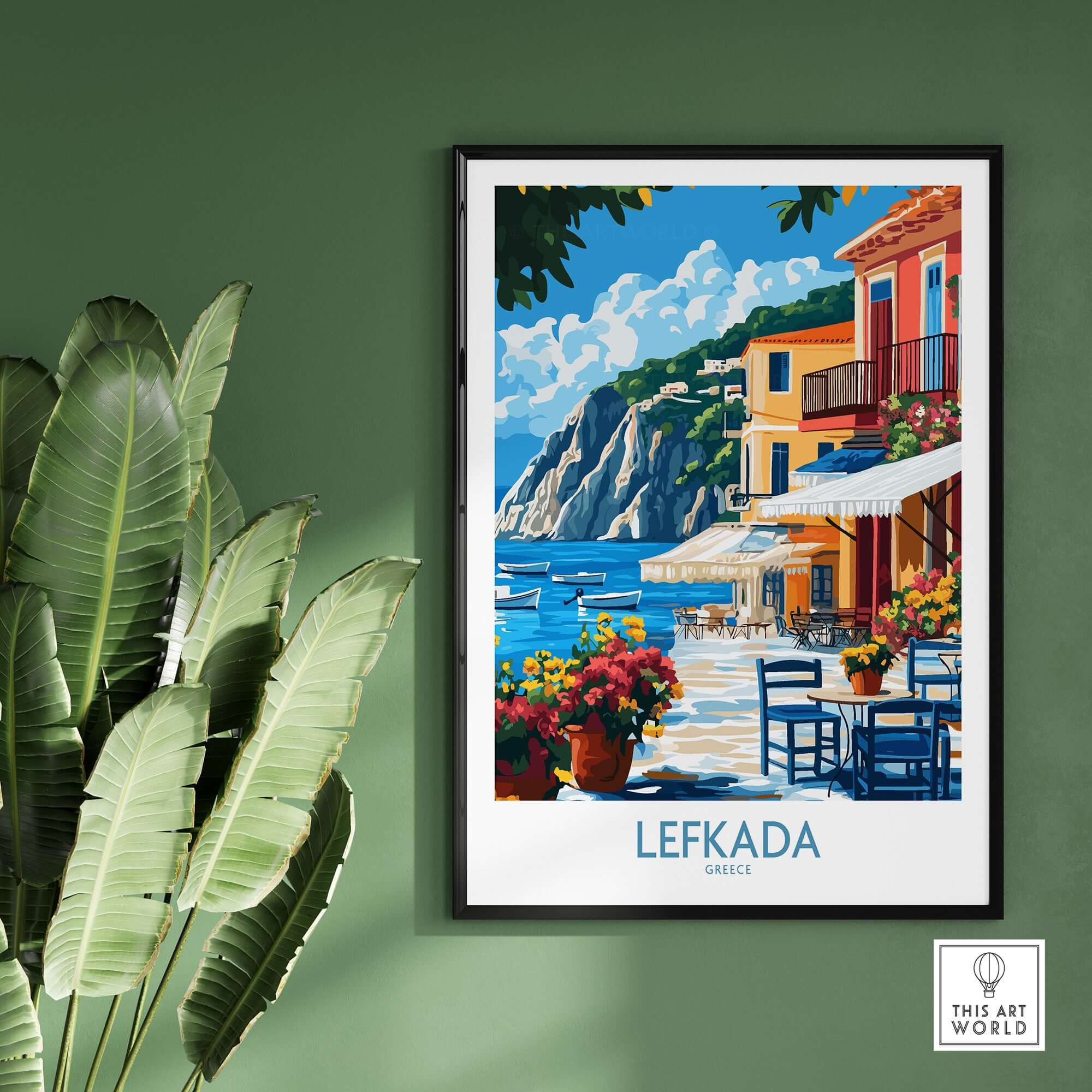 Lefkada Greece Poster showcasing Lefkada Town's charming streets and stunning coastal views.