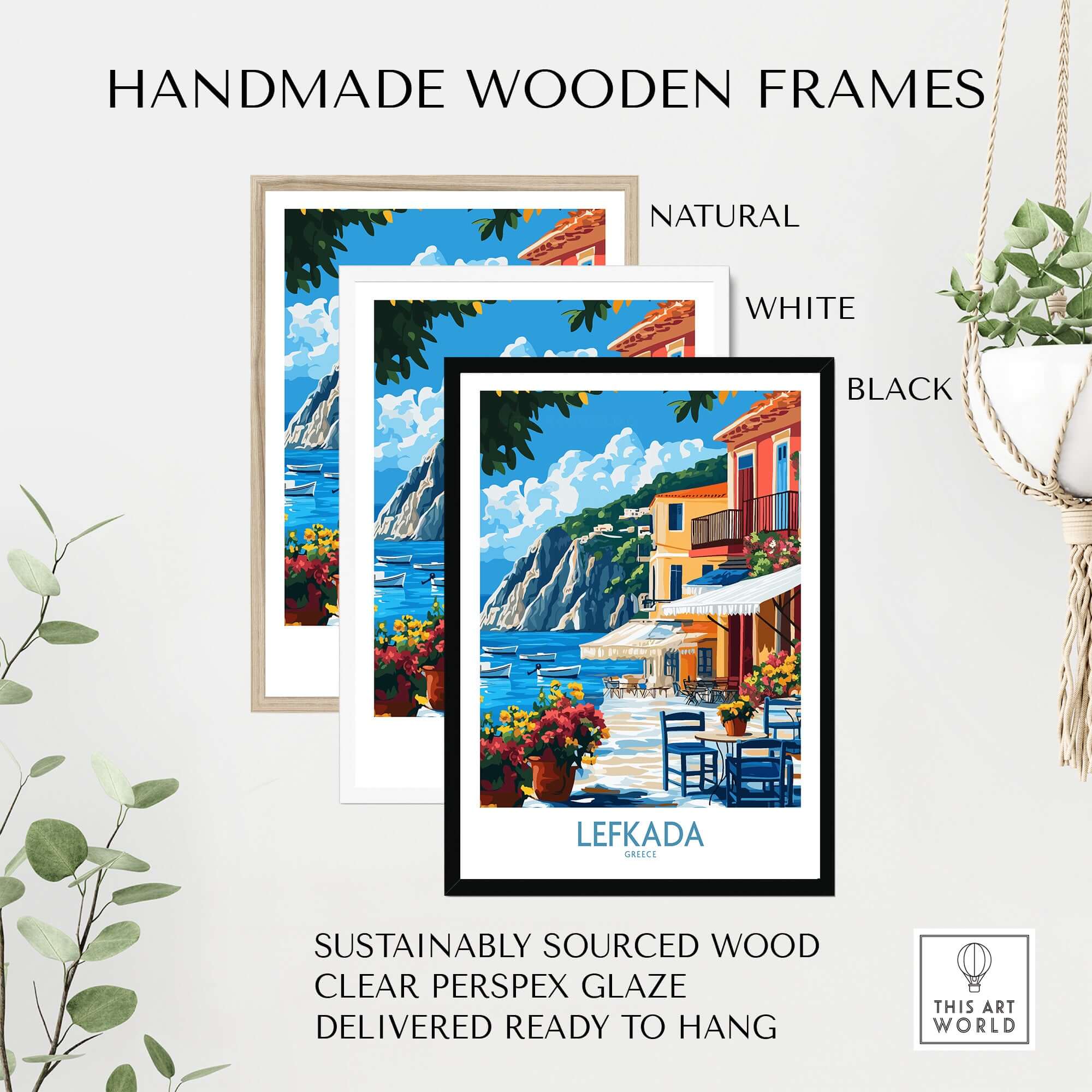Lefkada Greece Poster displayed in handmade wooden frames, natural, white, and black, showcasing the beauty of Lefkada.
