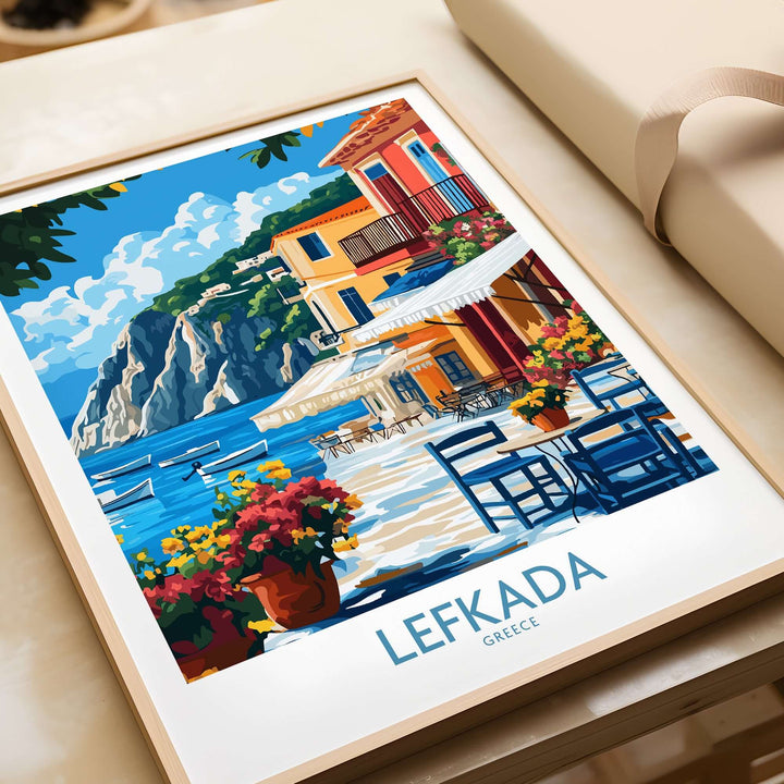 Colorful Lefkada Greece poster showcasing charming waterfront and vibrant flowers in a picturesque setting.