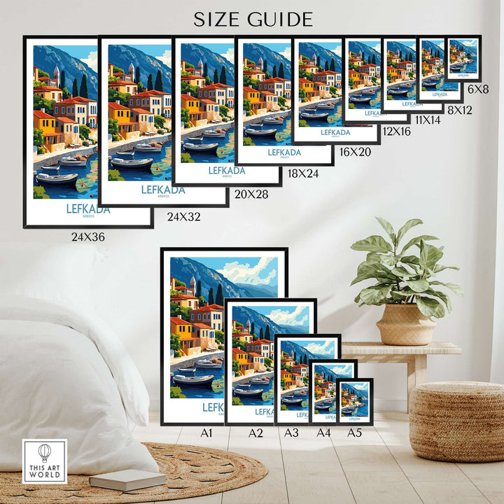 Size guide for Lefkada Greece travel poster showcasing various frame sizes and vibrant artwork.