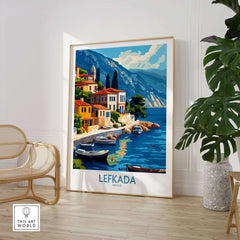 Lefkada Greece Travel Poster showcasing vibrant island scenery and colorful buildings by the water.