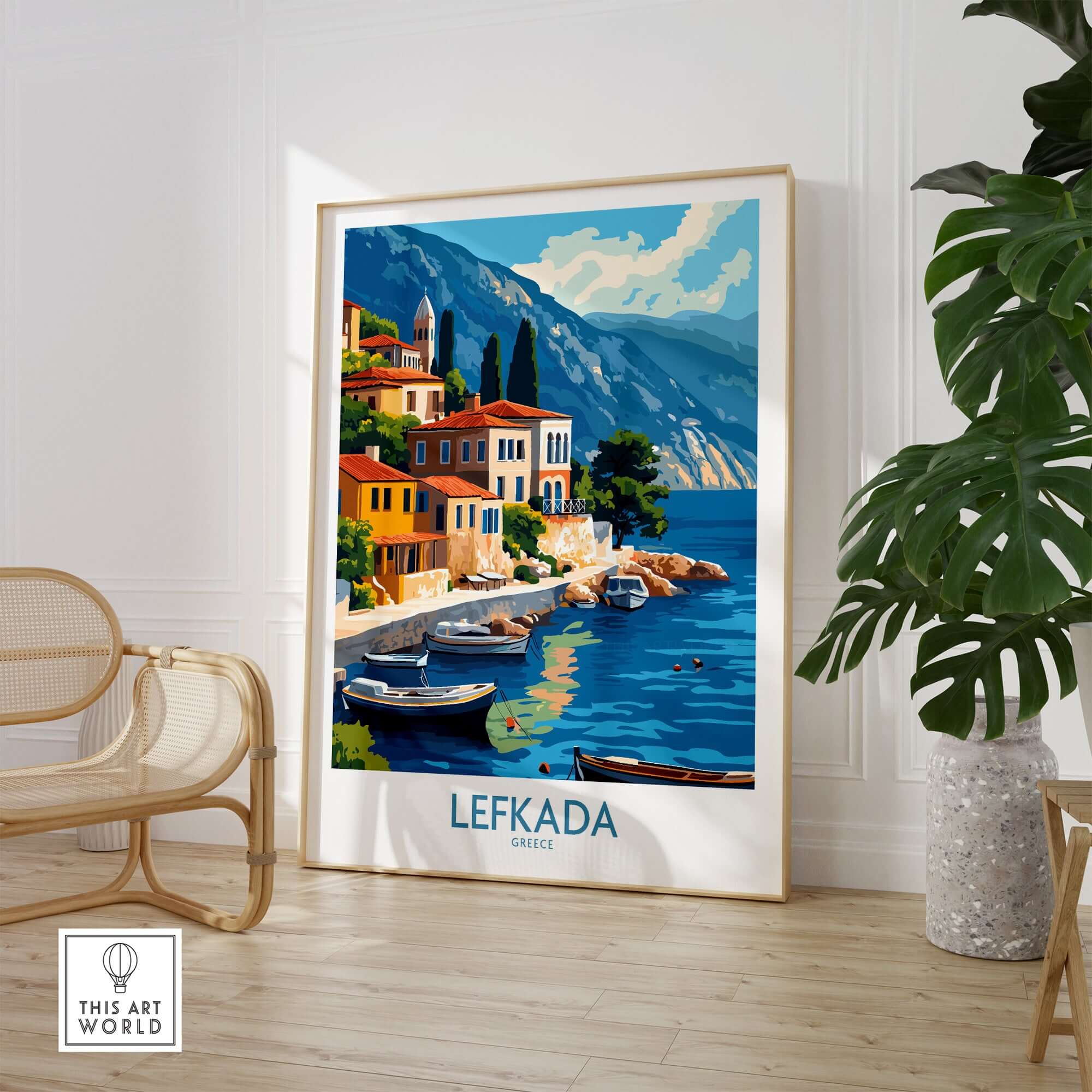 Lefkada Greece Travel Poster showcasing vibrant island scenery and colorful buildings by the water.