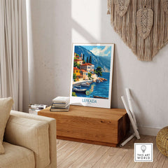 Lefkada Greece Travel Poster showcasing a vibrant seaside scene of Lefkada with picturesque buildings and boats.
