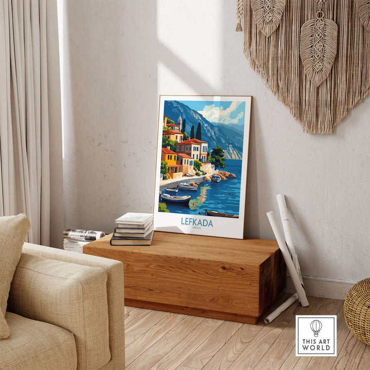 Lefkada Greece travel poster showcasing vibrant coastal scenery and colorful buildings in a stylish home setting.