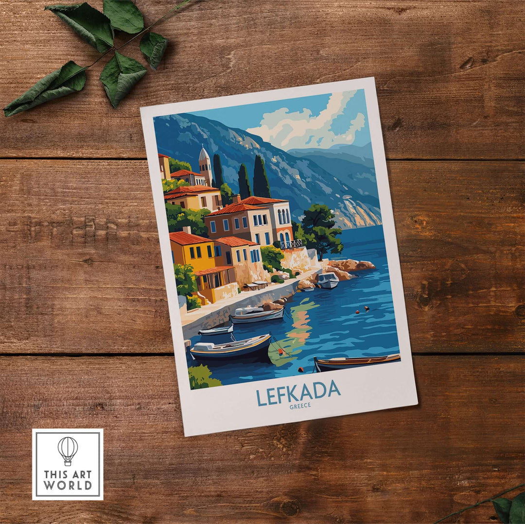 Lefkada Greece travel poster showcasing vibrant scenery of the island, boats, and colorful buildings.