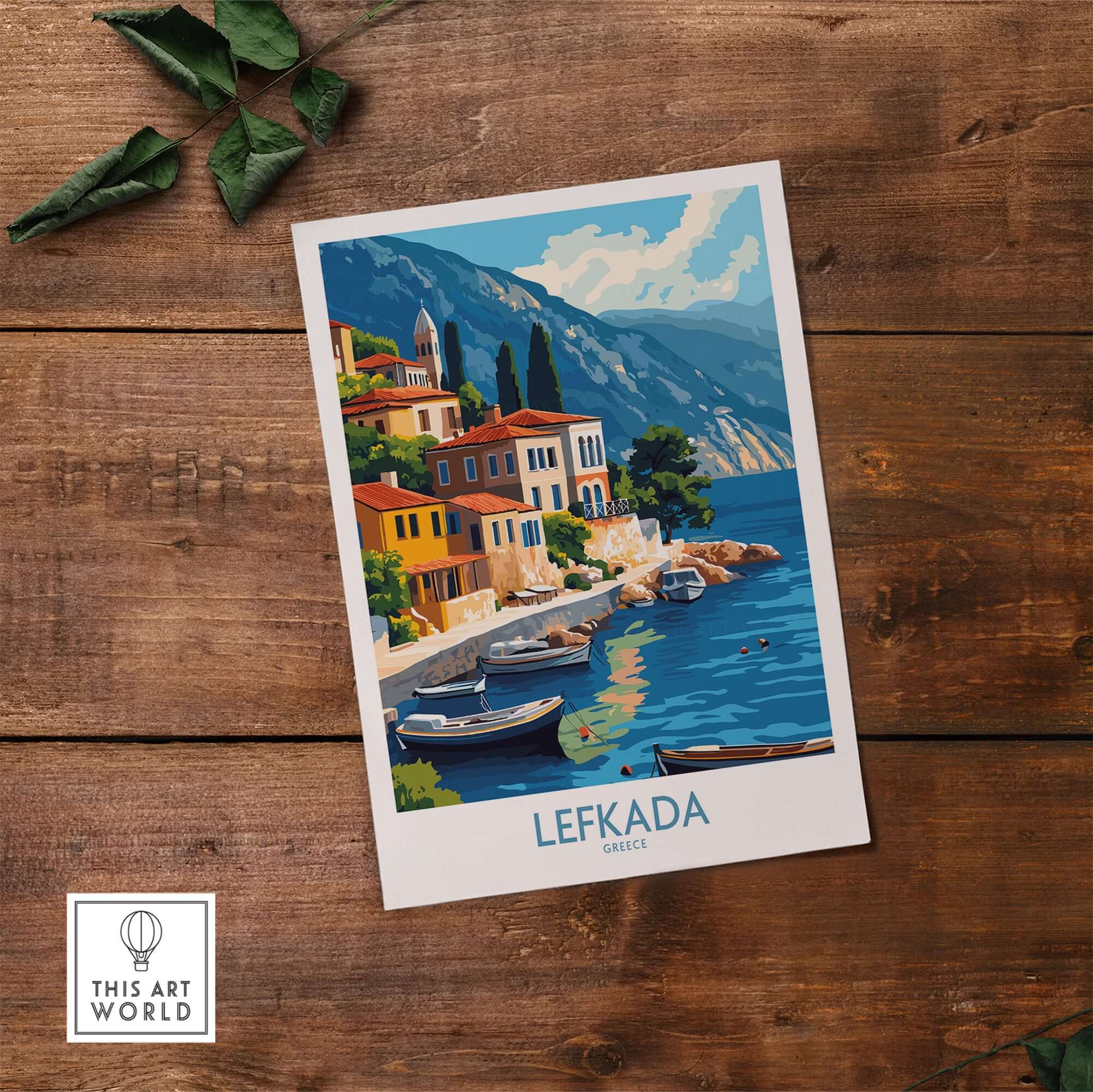 Lefkada Greece Travel Poster showcasing vibrant coastal scenery and picturesque architecture.
