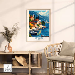 Lefkada Greece Travel Poster showcasing vibrant scenery and boats on the waterfront in a stylish interior setting.
