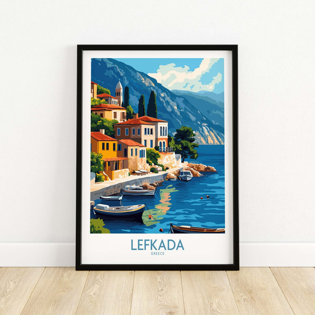 Lefkada Greece travel poster showcasing vibrant coastal scenery and colorful buildings with boats on the water.