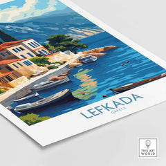 Lefkada Greece Travel Poster showcasing beautiful seaside scenery and vibrant colors, perfect for decor.