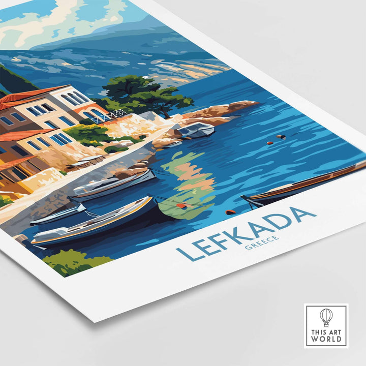 Lefkada Greece travel poster showcasing vibrant coastal scenery and charming boats.