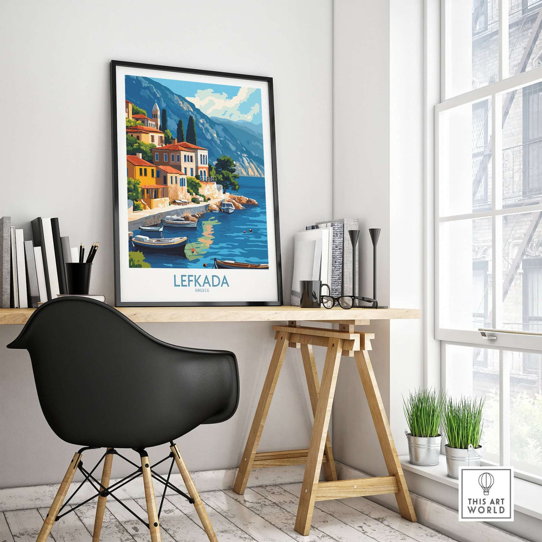 Lefkada Greece travel poster displayed in a stylish room with a desk and plants, showcasing vibrant colors and stunning scenery.