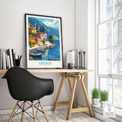 Lefkada Greece Travel Poster displayed in a stylish interior with a modern desk and chair, showcasing its vibrant design.