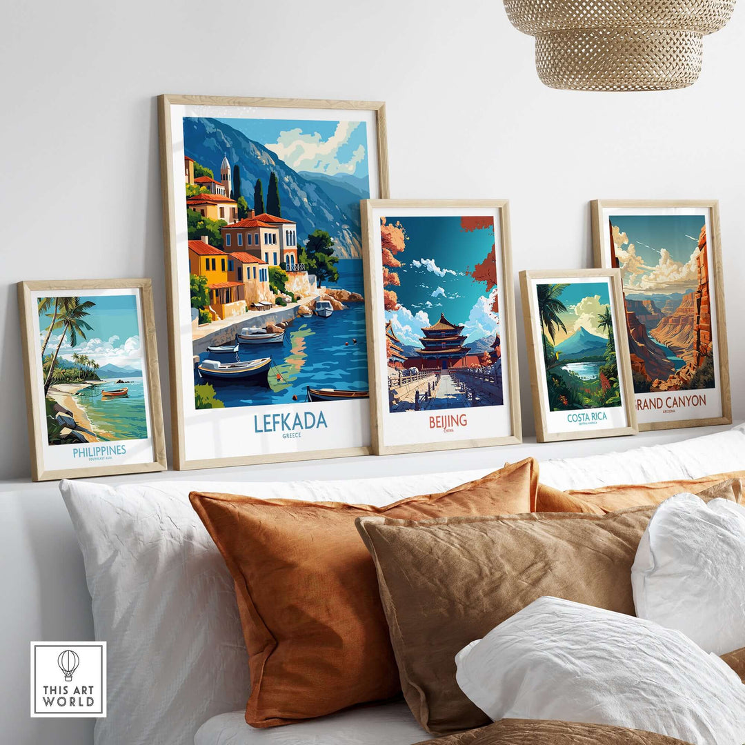 Lefkada Greece travel poster among framed art, showcasing vibrant scenery and a coastal view with other travel destinations.