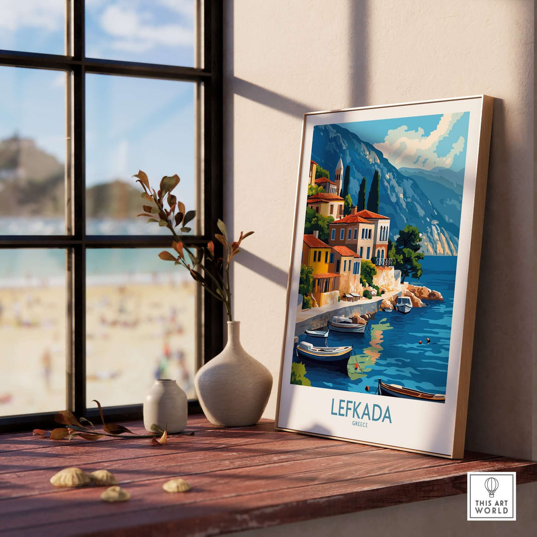 Vibrant Lefkada, Greece travel poster showcasing stunning coastal scenery near a sunny beach.