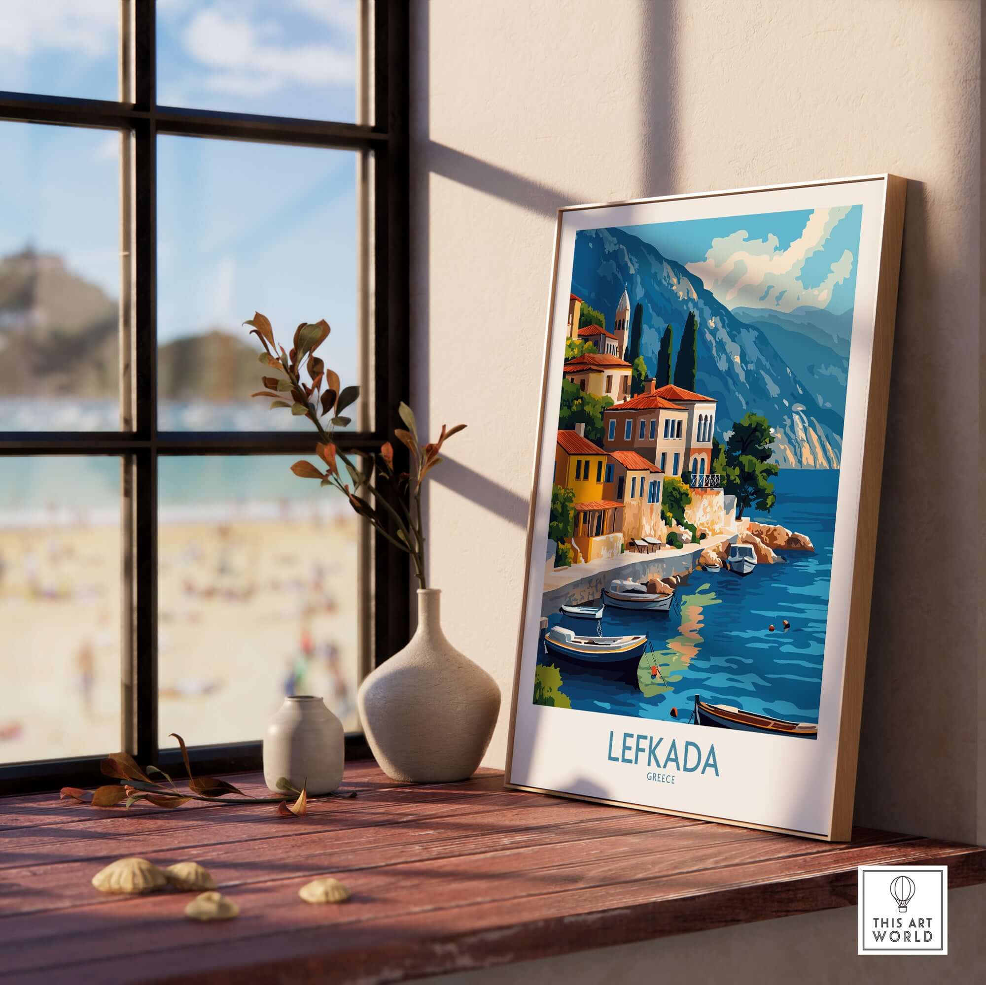 Lefkada Greece Travel Poster showcasing vibrant coastal scenery and charming buildings by the sea.