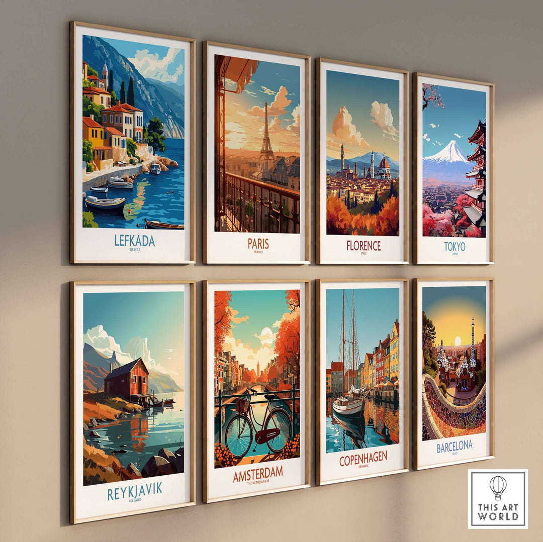 Collection of travel posters featuring Lefkada, Paris, Florence, Tokyo, Reykjavik, Amsterdam, Copenhagen, and Barcelona.