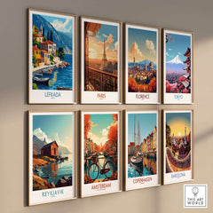 Lefkada Greece Travel Poster collection showcasing beautiful travel destinations in vibrant colors.