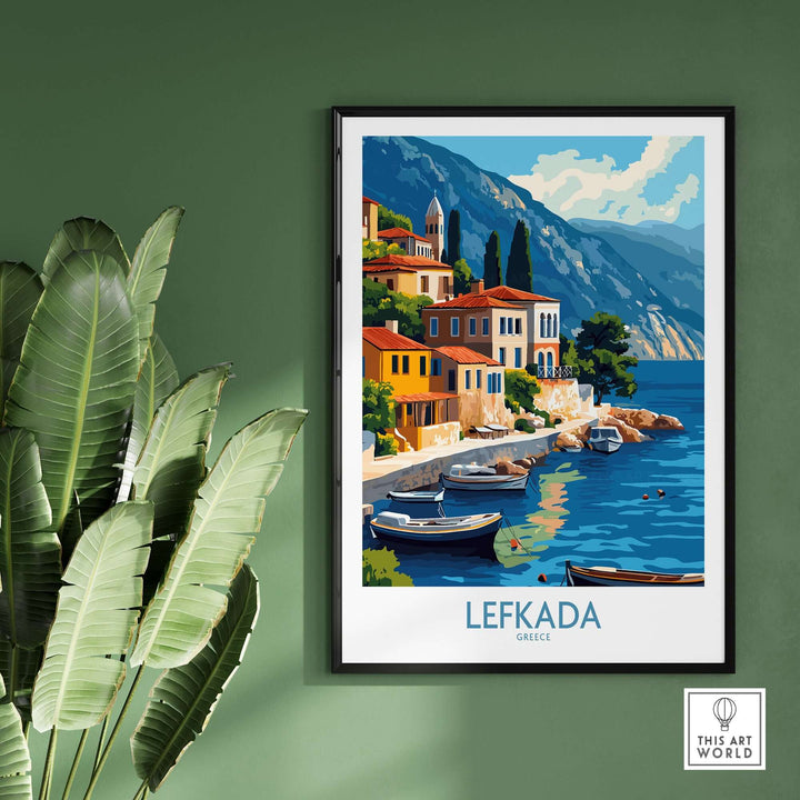 Lefkada Greece travel poster showcasing vibrant coastal scenery and charming architecture.