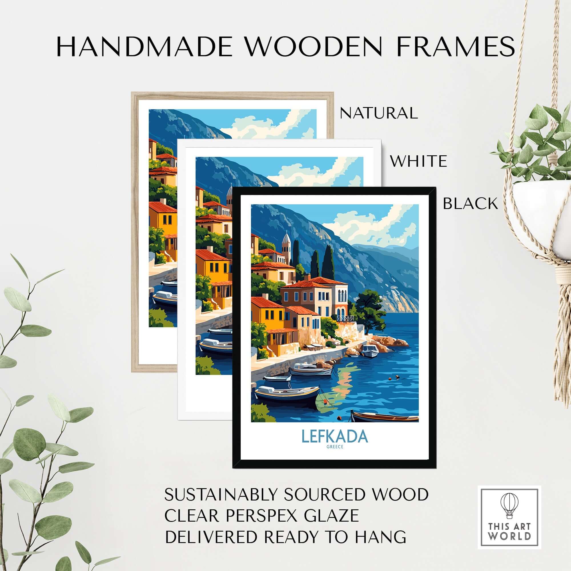 Handmade wooden frames for Lefkada Greece Travel Poster in natural, white, and black finishes.
