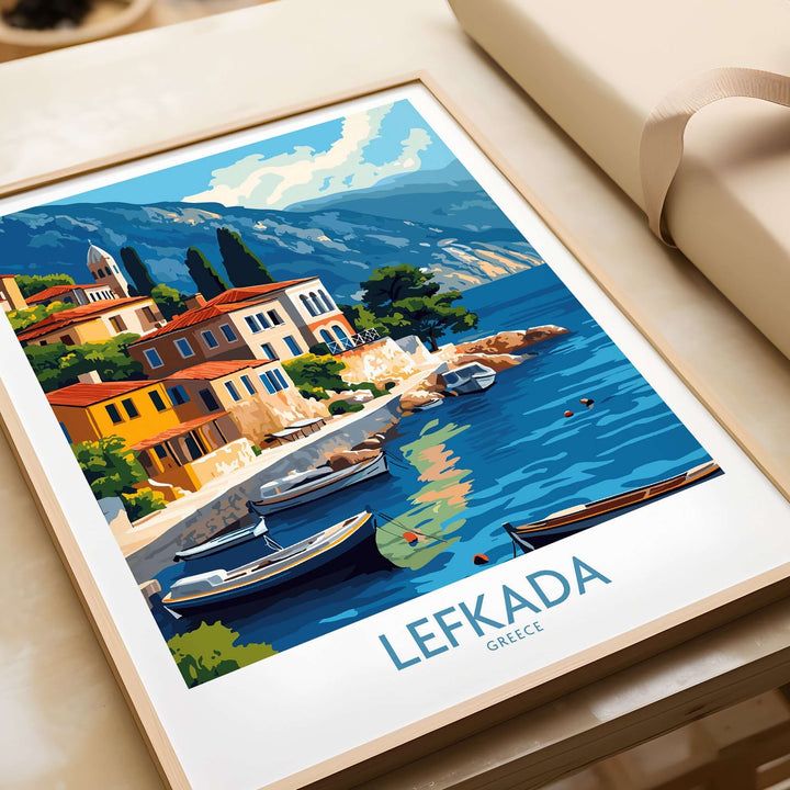 Lefkada Greece travel poster showcasing vibrant coastal scenery with colorful buildings and boats.