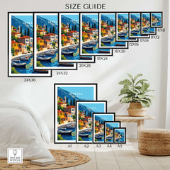 Lefkada Greece Travel Print size guide showcasing various frame sizes and vibrant artwork of boats and buildings.