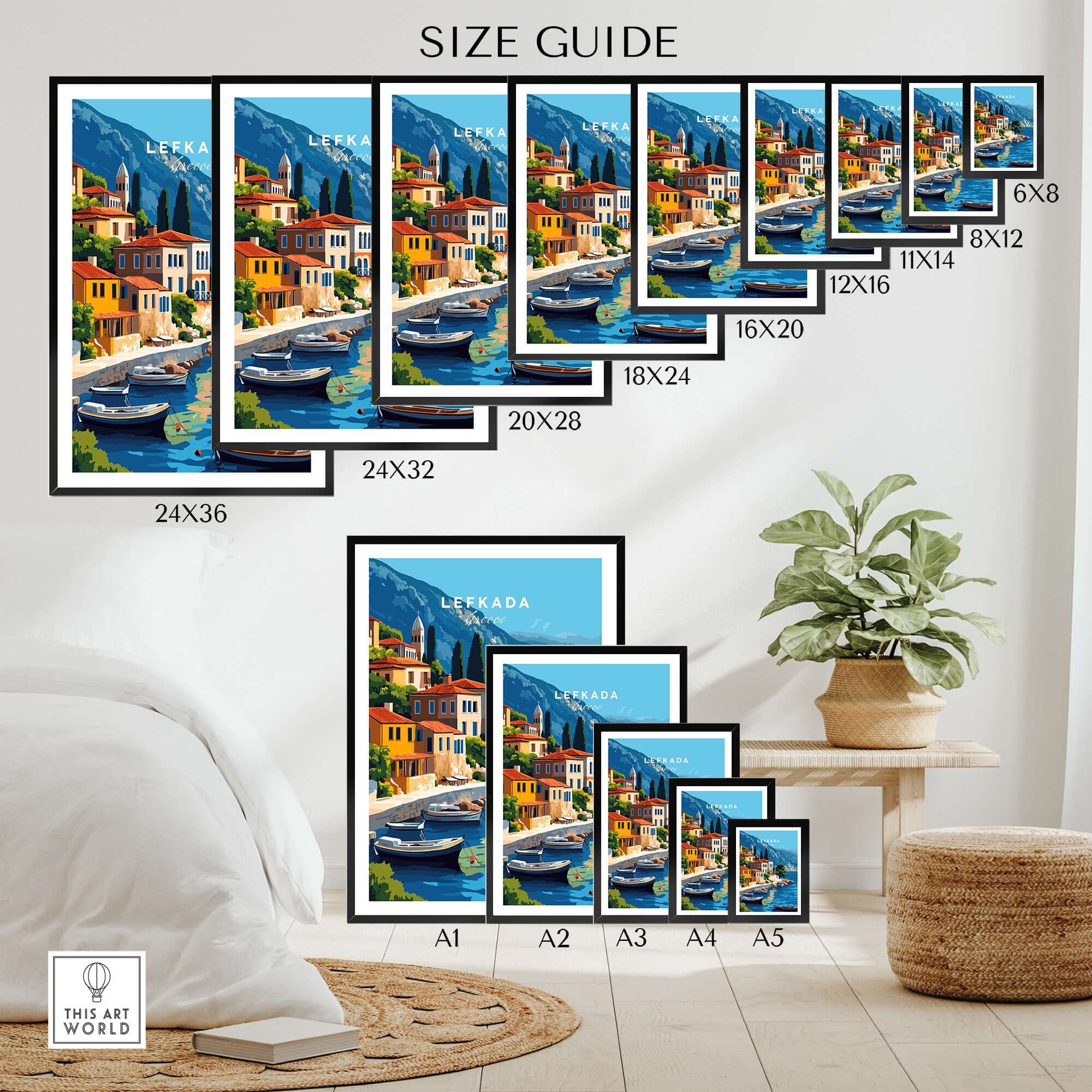 Lefkada Greece Travel Print size guide showcasing various frame sizes and vibrant artwork of boats and buildings.