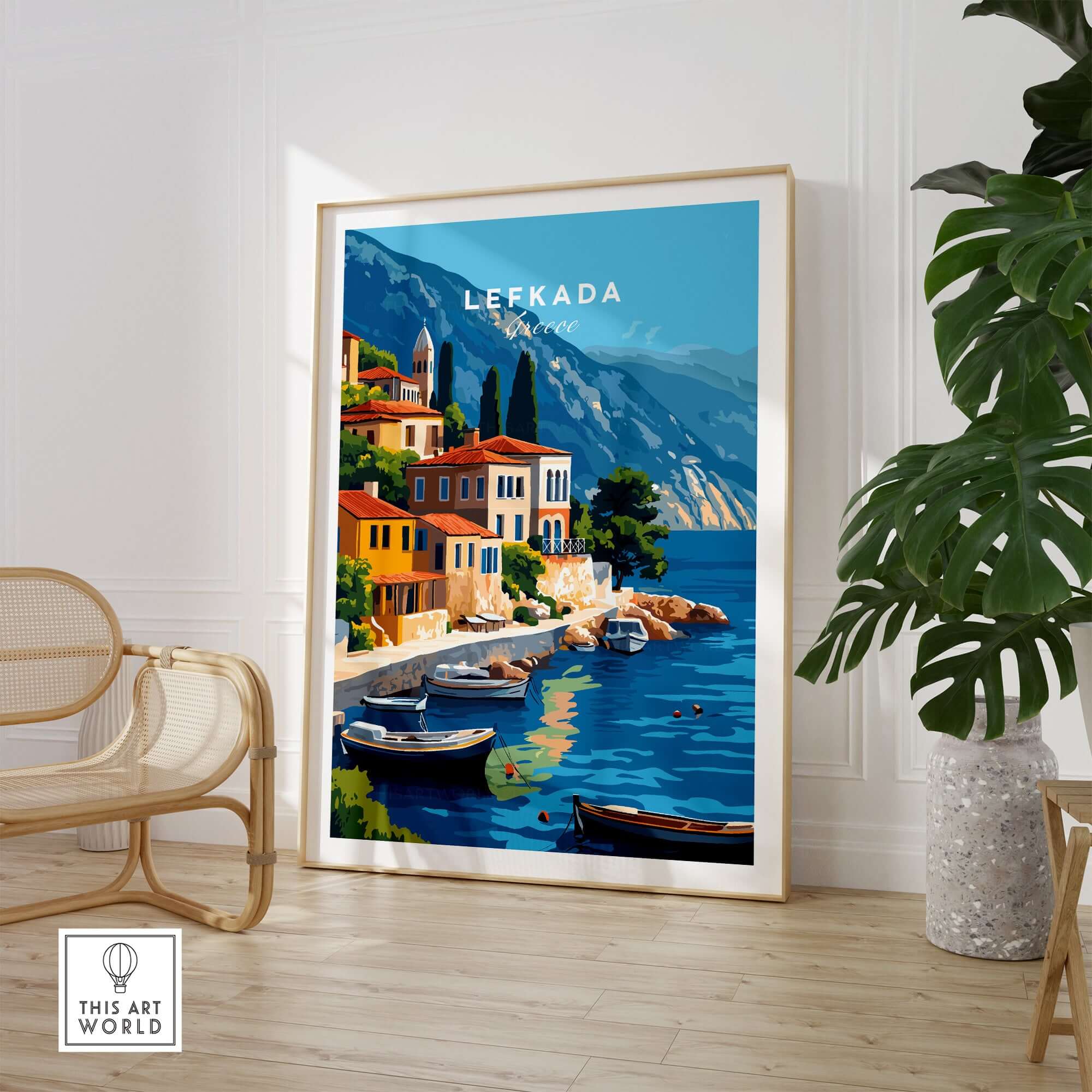 Lefkada Greece Travel Print showcasing vibrant coastal scenery and colorful architecture of Lefkada island.