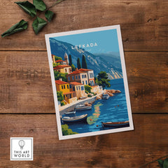 Lefkada Greece Travel Print featuring vibrant coastal landscape and colorful buildings by the sea.