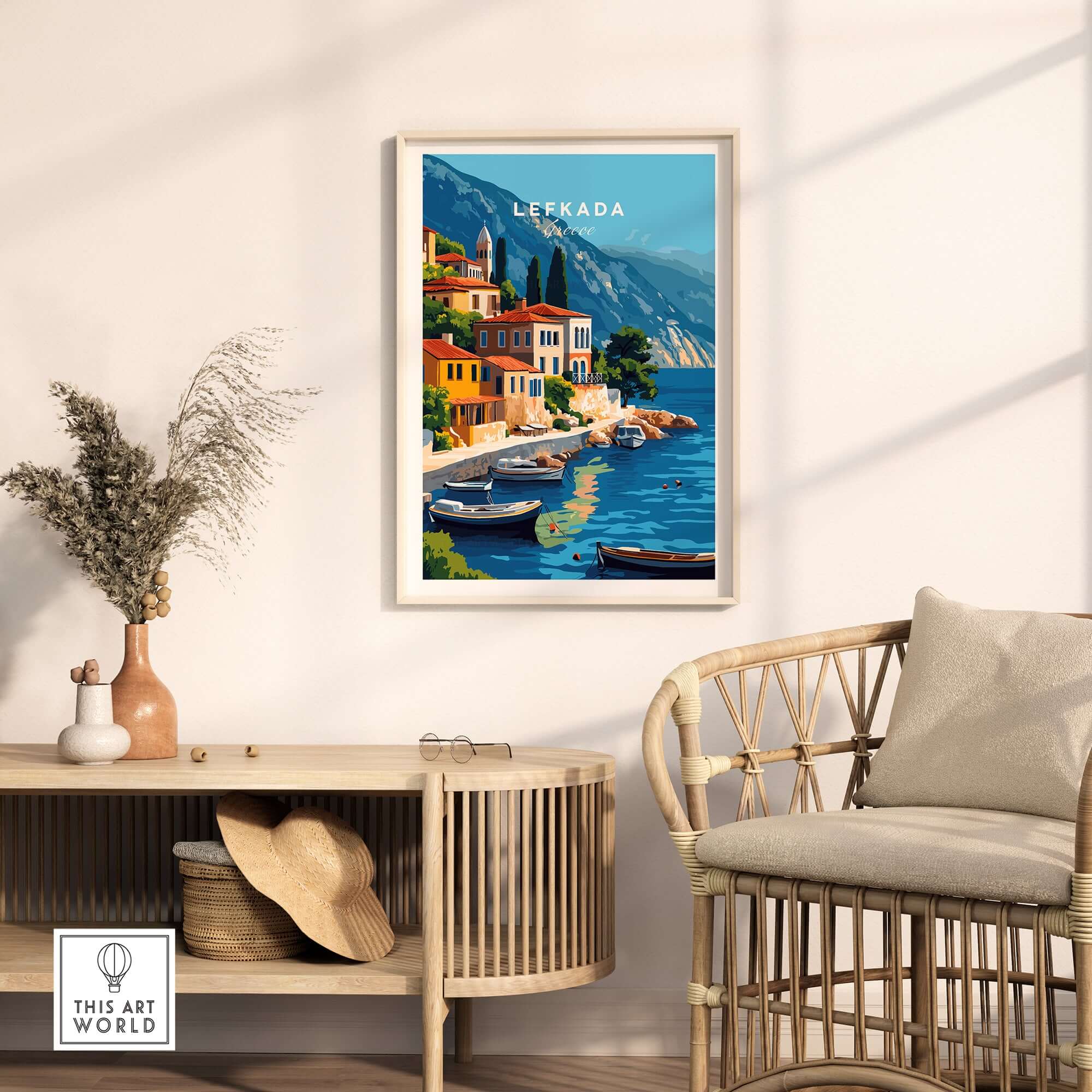 Lefkada Greece Travel Print featuring vibrant coastal landscape and colorful buildings on the island.