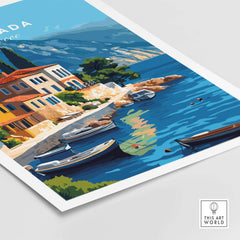 Lefkada Greece Travel Print featuring vibrant coastal scenery and colorful boats on a serene blue sea.